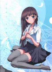 Rule 34 | 10s, 1girl, absurdres, accel world, artist request, blue background, blue eyes, blunt bangs, blush, breasts, brown hair, character name, cleavage, collar, collarbone, collared shirt, dress shirt, feet, full body, grey thighhighs, head tilt, highres, knees together feet apart, kurasaki fuuko, no shoes, official art, pleated skirt, school uniform, shirt, short sleeves, simple background, sitting, skirt, small breasts, smile, solo, thighhighs, undressing, wariza, white shirt, yokozuwari, zettai ryouiki