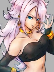 Rule 34 | 1girl, android 21, bare shoulders, black tube top, blue eyes, breasts, choker, cleavage, collarbone, detached sleeves, dragon ball, dragon ball fighterz, earrings, grey background, hoop earrings, jewelry, kemachiku, light persona, long hair, looking at viewer, majin android 21, medium breasts, navel, pink hair, simple background, smile, solo, strapless, tube top, tube top, white hair