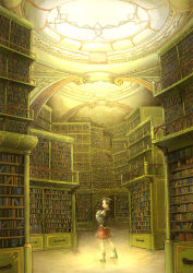 Rule 34 | 1girl, black hair, book, bookshelf, boots, bridge, highres, holding, holding book, library, looking at viewer, original, scenery, shamogin, short hair, solo, standing, sunlight, too many, too many books