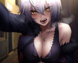 Rule 34 | 1girl, bare shoulders, black dress, blue coat, blue jacket, blush, breasts, breath, cleavage, coat, dress, expulse, fangs, fate/grand order, fate (series), full-length zipper, fur-trimmed coat, fur-trimmed jacket, fur collar, fur trim, hair between eyes, jacket, jeanne d&#039;arc (fate), jeanne d&#039;arc alter (fate), jeanne d&#039;arc alter (ver. shinjuku 1999) (fate), jewelry, large breasts, necklace, off shoulder, official alternate costume, open clothes, open coat, open jacket, open mouth, pale skin, selfie, short hair, silver hair, sweat, wicked dragon witch ver. shinjuku 1999, yellow eyes, zipper