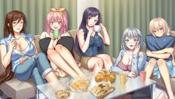 Rule 34 | 5girls, bare arms, blonde hair, blue eyes, blush, breasts, brown hair, chips (food), cleavage, closed mouth, couch, crossed legs, cup, curtains, earrings, food, game cg, green eyes, grey hair, h de hajimaru share house, happy, holding, indoors, jewelry, kagami touka, komatsuzaki aya, large breasts, legs, legs together, long hair, looking at viewer, mashiro rina, mochizuki nozomu, multiple girls, nanjou sakura, open mouth, original, parted lips, pillow, pillow grab, pink eyes, pink hair, ponytail, purple eyes, purple hair, short hair, shorts, sitting, sleeveless, smile, table, thighs, tougou kazane, twintails
