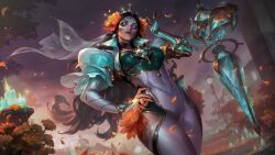 Rule 34 | 1girl, absurdres, black sclera, bridal gauntlets, candle, closed mouth, colored sclera, dark-skinned female, dark skin, flower, from below, glowing, glowing eyes, hair flower, hair ornament, highres, league of legends, long hair, mechanical arms, official alternate costume, official art, orange flower, outdoors, parted bangs, petals, prestige la ilusion renata glasc, puffy short sleeves, puffy sleeves, red lips, renata glasc, short sleeves, single mechanical arm, solo, wind
