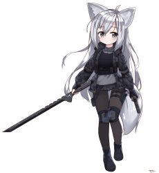 Rule 34 | 1girl, animal ear fluff, animal ears, bandaid, bandaid on leg, black footwear, black pantyhose, blush, camouflage, camouflage jacket, camouflage shorts, closed mouth, digital camouflage, fox ears, fox girl, fox tail, grey eyes, gun, hair between eyes, handgun, highres, holding, holding gun, holding sword, holding weapon, holster, jacket, knee pads, long hair, looking at viewer, military jacket, open clothes, open jacket, original, pantyhose, pistol, shoes, shorts, signature, silver hair, simple background, solo, standing, standing on one leg, sword, tail, tandohark, thigh holster, very long hair, weapon, white background
