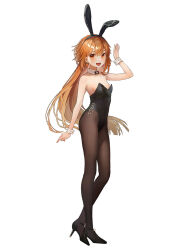 Rule 34 | 1girl, animal ears, black bow, black bowtie, black leotard, black pantyhose, bow, bowtie, breasts, brown eyes, detached collar, full body, gakaku pr, leotard, long hair, looking at viewer, low ponytail, orange hair, original, pantyhose, playboy bunny, rabbit ears, rabbit tail, simple background, small breasts, smile, solo, standing, strapless, strapless leotard, tail, tetta (tettaakira), very long hair, white background, wrist cuffs