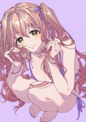 Rule 34 | 1girl, alternate hairstyle, bare shoulders, barefoot, bikini, blurry, blush, bow, breasts, brown eyes, cleavage, closed mouth, collarbone, dot nose, hair bow, hair ribbon, hands up, highres, holding, holding hair, idolmaster, idolmaster cinderella girls, idolmaster cinderella girls starlight stage, jewelry, large breasts, long hair, looking at viewer, min (812nn im), necklace, pink hair, purple background, purple bikini, purple ribbon, ribbon, saionji kotoka, side-tie bikini bottom, simple background, smile, solo, squatting, swimsuit, toenails, toes, twintails