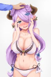 Rule 34 | 10s, 1girl, bikini, blue eyes, breasts, double bun, draph, earrings, granblue fantasy, grey background, hair over one eye, headpat, heart, heart-shaped pupils, highres, horns, jewelry, large breasts, narmaya (granblue fantasy), narmaya (summer) (granblue fantasy), navel, oumi (rsag), pointy ears, purple hair, simple background, smile, solo focus, swimsuit, symbol-shaped pupils, white bikini