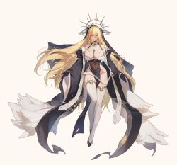 Rule 34 | 1girl, azur lane, bare shoulders, black gloves, black headwear, blonde hair, blush, breasts, closed mouth, f.k (hs225kr), full body, gloves, hair between eyes, horns, implacable (azur lane), large breasts, long hair, long sleeves, looking at viewer, nun, off shoulder, orange eyes, pelvic curtain, simple background, smile, solo, thighhighs, thighs, white thighhighs, wide sleeves, yellow background