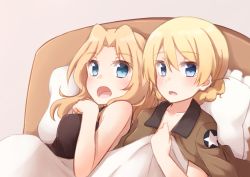 Rule 34 | 10s, 2girls, bad id, bad pixiv id, blonde hair, blue eyes, blush, braid, collarbone, commentary request, covering privates, darjeeling (girls und panzer), girls und panzer, highres, kapatarou, kay (girls und panzer), looking at viewer, lying, military, military uniform, multiple girls, on bed, open mouth, pillow, shirt, star (symbol), surprised, tank top, uniform, yuri