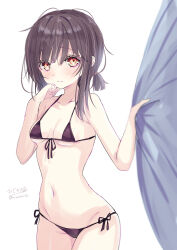 1girl absurdres bikini black_hair breasts cowboy_shot curtains front-tie_bikini_top front-tie_top fubuki_(kancolle) highres hizaka kantai_collection low_ponytail medium_hair micro_bikini one-hour_drawing_challenge red_eyes short_ponytail side-tie_bikini_bottom sidelocks small_breasts solo swimsuit