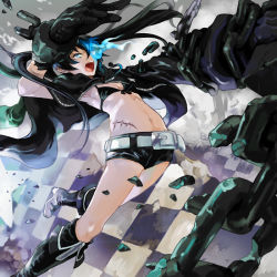 Rule 34 | 10s, 1girl, angry, arm cannon, bad id, bad pixiv id, belt, bikini, bikini top only, black bikini, black hair, black rock shooter, black rock shooter (character), blue eyes, boots, chain, checkered floor, floor, gloves, glowing, glowing eye, jacket, kyuusugi toku, long hair, midriff, open mouth, scar, shorts, solo, star (symbol), stitches, swimsuit, twintails, uneven twintails, weapon