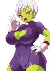 Rule 34 | 1girl, bodysuit, breasts, cheelai, cleavage, cleavage cutout, clothing cutout, colored skin, covered navel, dragon ball, dragon ball super, dragonball z, gloves, green skin, heart cutout, highres, konno tohiro, large breasts, pink eyes, solo, tongue, tongue out, white hair