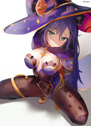 1girl blue_cape blue_hair blue_hat blue_leotard breasts brown_pantyhose cape capelet commentary crescent crescent_hat_ornament from_above fuenyuan full_body fur-trimmed_capelet fur_trim genshin_impact green_eyes hair_between_eyes hat hat_ornament highres leotard long_hair looking_at_viewer medium_breasts mona_(genshin_impact) pantyhose shoes solo squatting twitter_username very_long_hair white_background witch_hat yellow_footwear