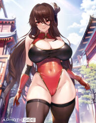 Rule 34 | 1girl, ai-assisted, aztodio, beidou (genshin impact), breasts, brown hair, cameltoe, cleavage, covered navel, elbow gloves, genshin impact, gloves, hair ornament, huge breasts, leotard, long hair, looking at viewer, outdoors, red eyes, smile, solo, thick thighs, thighhighs, thighs
