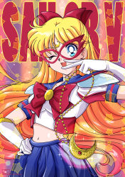 Rule 34 | 1girl, ;d, absurdres, aino minako, artist name, bishoujo senshi sailor moon, blonde hair, blue eyes, blue sailor collar, blue skirt, bow, brooch, character name, choker, cowboy shot, crescent, crescent choker, crescent facial mark, earrings, elbow gloves, facial mark, forehead mark, gloves, hair bow, hand on own hip, highres, jewelry, long hair, looking at viewer, magical girl, mask, midriff, multicolored background, navel, necklace, one eye closed, open mouth, pleated skirt, red bow, riccardo bacci, sailor collar, sailor senshi uniform, sailor v, shoulder pads, skirt, smile, solo, star (symbol), white gloves, white neckwear