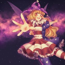 Rule 34 | 1girl, :d, american flag dress, american flag legwear, blonde hair, clownpiece, dress, hat, jester cap, jewelry, long hair, neck ring, open mouth, orz (kagewaka), outstretched arms, pantyhose, petticoat, pink eyes, puffy short sleeves, puffy sleeves, round teeth, short dress, short sleeves, smile, solo, striped clothes, striped pantyhose, teeth, touhou, very long hair, wavy hair