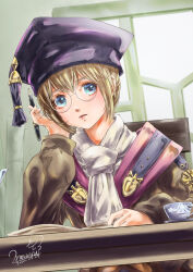 Rule 34 | 1girl, 2020, adelheid sturm, artist name, ascot, between fingers, blonde hair, blue eyes, book, brown jacket, cup, dated, desk, final fantasy, final fantasy xi, hat, holding, holding pen, hume, indoors, jacket, long sleeves, medal, morere, mortarboard, open book, open mouth, pen, purple hat, round eyewear, saucer, scholar (final fantasy), short hair, signature, solo, tassel, teacup, white ascot, window