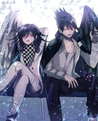 Rule 34 | 2boys, angel and devil, beard, black hair, black wings, checkered clothes, checkered scarf, commentary request, danganronpa (series), danganronpa v3: killing harmony, facial hair, goatee, hair between eyes, jacket, jacket on shoulders, long hair, long sleeves, looking at another, male focus, momota kaito, multiple boys, open mouth, oma kokichi, pants, purple eyes, purple hair, scarf, school uniform, shirt, short hair, single wing, smile, spiked hair, straitjacket, white wings, wings, z-epto (chat-noir86)