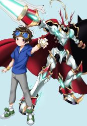 Rule 34 | 1boy, absurdres, aqua background, armor, cape, digimon, digimon (creature), digimon tamers, digivice, dukemon, dukemon x-antibody, goggles, goggles on head, highres, lance, matsuda takato, polearm, red eyes, shield, simple background, weapon