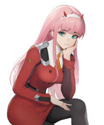 Rule 34 | 1girl, absurdres, black pantyhose, breasts, closed mouth, cotta (heleif), darling in the franxx, green eyes, hairband, hand on own leg, hand up, head rest, highres, horns, large breasts, long hair, long sleeves, looking at viewer, pantyhose, pink hair, red horns, simple background, sitting, solo, uniform, white background, zero two (darling in the franxx)