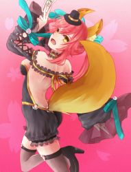 Rule 34 | 10s, 1girl, animal ears, asari (23feline23), breasts, detached sleeves, fate/extra, fate/extra ccc, fate (series), fox ears, fox tail, hat, high heels, long hair, mini hat, mini top hat, official alternate costume, ofuda, pink hair, sideboob, solo, tail, tamamo no mae (fate/extra), tamamo no mae (sable mage) (fate), thighhighs, top hat, yellow eyes