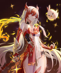 Rule 34 | 1girl, absurdres, animal hands, bare shoulders, black shorts, chinese clothes, claws, closed mouth, detached sleeves, elbow gloves, eyeliner, fire, fu hua, fu hua (garuda), gloves, hair between eyes, highres, honkai (series), honkai impact 3rd, jingwei (bird), long hair, looking at viewer, low-tied long hair, low twintails, makeup, multicolored hair, red eyeliner, red eyes, red gloves, red hair, red rope, red scales, red thighhighs, rope, short shorts, shorts, single thighhigh, solo, sportswear, streaked hair, symbol-shaped pupils, tail, thighhighs, thighs, twintails, two-tone hair, white hair, yellow pupils, ying ling