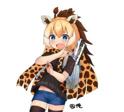 Rule 34 | 10s, 1girl, alternate costume, animal ears, backpack, bad id, bad twitter id, bag, black shirt, black thighhighs, blonde hair, blue eyes, blush, brown hair, choir (artist), clothes writing, commentary request, contemporary, cowboy shot, giraffe ears, giraffe horns, horns, kemono friends, long hair, looking at viewer, multicolored hair, open mouth, poster (object), print scarf, reticulated giraffe (kemono friends), scarf, shirt, short shorts, shorts, simple background, solo, surprised, sweat, nervous sweating, t-shirt, thighhighs, transparent background, white background