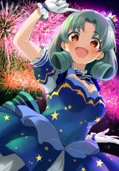 Rule 34 | 1girl, aerial fireworks, arm up, artist name, blue dress, blush, breasts, brown eyes, cleavage, crown, curly hair, dress, finger to head, fireworks, frilled dress, frills, gloves, green hair, highres, idolmaster, idolmaster million live!, idolmaster million live! theater days, kirikirimai (kkm), looking at viewer, looking down, medium breasts, mini crown, open mouth, short hair, short sleeves, smile, solo, star (symbol), star print, tokugawa matsuri, white gloves