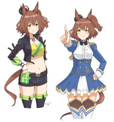 Rule 34 | 1girl, :&gt;, aiguillette, animal ears, ankle boots, artist name, aston machan (umamusume), belt, black footwear, black jacket, black shorts, black thighhighs, blue bow, blue bowtie, blue jacket, blue skirt, blush, boots, bow, bowtie, breasts, brown hair, buttons, center frills, cleavage, clock necklace, cosplay, cowboy shot, crop top, cropped legs, crown, daiwa scarlet (umamusume), daiwa scarlet (umamusume) (cosplay), dated, double-breasted, epaulettes, framed breasts, frilled shirt, frills, garter straps, green eyes, highres, horse ears, horse girl, horse tail, index finger raised, jacket, juliet sleeves, kawashina (momen silicon), large breasts, layered skirt, long sleeves, looking at viewer, midriff, mini crown, multiple views, navel, overskirt, pleated skirt, puffy sleeves, shirt, short hair, short shorts, shorts, simple background, skirt, tail, thigh boots, thighhighs, trait connection, umamusume, underbust, vodka (umamusume), vodka (umamusume) (cosplay), white background, white footwear, white shirt, white skirt