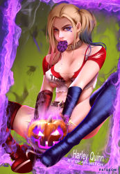 Rule 34 | 1girl, absurdres, artist request, batman (series), blonde hair, blue eyes, blue hair, boots, breasts, candy, cleavage, dc comics, colored tips, covered erect nipples, food, gradient hair, halloween, harley quinn, high heel boots, high heels, highres, large breasts, lipstick, long hair, makeup, multicolored hair, parted lips, red hair, solo, suicide squad, thigh boots, thighhighs, twintails