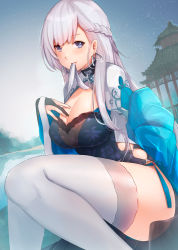 Rule 34 | 1girl, alternate costume, azur lane, belfast (azur lane), belfast (iridescent rosa) (azur lane), belfast (iridescent rosa) (azur lane), black gloves, blue dress, blue eyes, blue panties, blush, braid, breasts, chain, china dress, chinese clothes, cleavage, cleavage cutout, clothing cutout, collar, commentary request, dress, earrings, french braid, gloves, hand on own chest, highres, jewelry, kelly 0w0, large breasts, long hair, long sleeves, looking at viewer, outdoors, panties, partially fingerless gloves, pelvic curtain, side-tie panties, side braid, side slit, silver hair, sitting, smile, solo, string panties, thighhighs, thighs, underwear, white thighhighs
