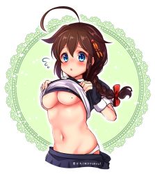 Rule 34 | 10s, 1girl, :o, ahoge, artist name, bad id, bad pixiv id, blue eyes, blush, braid, breasts, brown hair, clothes lift, clothes pull, embarrassed, fingerless gloves, flying sweatdrops, gloves, hair between eyes, hair flaps, hair ornament, hair ribbon, hairpin, ittokyu, kantai collection, lace, lace background, lifted by self, long hair, medium breasts, midriff, mole, mole on breast, navel, panties, pleated skirt, ribbon, school uniform, serafuku, shigure (kancolle), shigure kai ni (kancolle), shirt lift, short sleeves, single braid, skirt, skirt pull, solo, stomach, twitter username, underboob, underwear, white panties