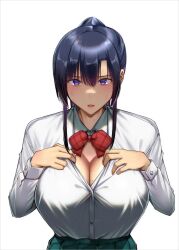 Rule 34 | 1girl, :o, artist request, black hair, blush, breasts, character request, cleavage, copyright request, green skirt, hands on own chest, highres, large breasts, long hair, long sleeves, looking at viewer, necktie, open mouth, partially unbuttoned, purple eyes, school uniform, shirt, skirt, smile, solo, source request, sweat, t-shirt, teasing, unbuttoned, unbuttoned shirt, undressing, white background, white shirt