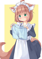 Rule 34 | 1girl, ahoge, animal ear fluff, animal ears, apron, black dress, blue male underwear, blush, brown hair, cat ears, cat girl, cat tail, closed mouth, collared dress, commentary request, dress, frilled apron, frills, green eyes, hair between eyes, highres, holding, maid, maid apron, maid headdress, male underwear, manabe mana, original, solo, tail, two-tone background, underwear, unworn male underwear, wavy mouth, white apron, white background, yellow background