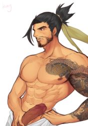 Rule 34 | 1boy, abs, black hair, erection, facial hair, hanzo (overwatch), hunterkay, looking away, male focus, muscular, overwatch, overwatch 1, pectorals, penis, solo, tattoo, uncensored