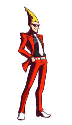 Rule 34 | 1boy, absurdres, belt, blonde hair, blouse, capcom, full body, ghost trick, hand in pocket, highres, jacket, male focus, necktie, official art, pants, red pants, shirt, shoes, short hair, simple background, sissel (ghost trick), smile, solo, sunglasses