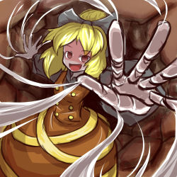 Rule 34 | 1girl, cave, foreshortening, highres, kurodani yamame, no pupils, open mouth, outstretched hand, peroponesosu., silk, smile, solo, spider web, touhou, underground, upper body