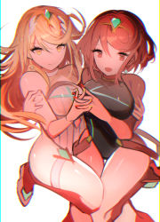 Rule 34 | absurdres, blonde hair, breasts, chest jewel, competition swimsuit, gem, headpiece, highres, large breasts, long hair, mythra (radiant beach) (xenoblade), mythra (xenoblade), one-piece swimsuit, pyra (pro swimmer) (xenoblade), pyra (xenoblade), red hair, ribbed swimsuit, short hair, strapless, strapless one-piece swimsuit, striped clothes, striped one-piece swimsuit, swept bangs, swimsuit, tarbo (exxxpiation), tiara, vertical-striped clothes, vertical-striped one-piece swimsuit, very long hair, white one-piece swimsuit, xenoblade chronicles (series), xenoblade chronicles 2, yellow eyes