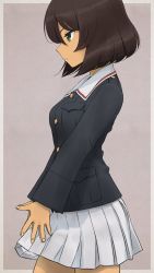 Rule 34 | 1girl, akagi (fmttps), artist name, blue jacket, brown hair, closed mouth, commentary, cowboy shot, dark-skinned female, dark skin, from side, girls und panzer, green eyes, half-closed eyes, hand to own mouth, highres, hoshino (girls und panzer), jacket, light frown, long sleeves, military, military uniform, miniskirt, one-hour drawing challenge, ooarai military uniform, pleated skirt, short hair, skirt, solo, standing, twitter username, uniform, white skirt