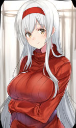Rule 34 | 10s, 1girl, breast hold, breasts, brown eyes, hairband, isshiki (ffmania7), kantai collection, large breasts, long hair, looking at viewer, ribbed sweater, shoukaku (kancolle), sidelocks, silver hair, sleeves past wrists, smile, solo, sweater, turtleneck, turtleneck sweater, very long hair
