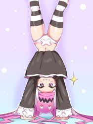 Rule 34 | 1girl, cougar (cougar1404), dragon: marked for death, handstand, long hair, panties, pink eyes, pink hair, solo, striped clothes, striped thighhighs, thighhighs, underwear, upside-down, white panties, witch (dmfd)