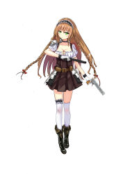 Rule 34 | 1girl, absurdres, armor, armored dress, belt pouch, blush, bow, braid, breasts, brown hair, choker, cleavage, dot nose, dual wielding, fia, finger on trigger, full body, gloves, green eyes, gun, hair bow, hair ornament, highres, holding, holding gun, holding weapon, impossible clothes, large breasts, long hair, looking at viewer, maid headdress, original, pouch, puffy short sleeves, puffy sleeves, short sleeves, shoulder armor, simple background, solo, standing, thighhighs, trigger discipline, twin braids, weapon, white background, white thighhighs, wristband, zettai ryouiki