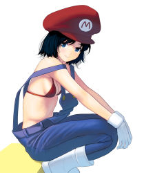 Rule 34 | 1girl, bare shoulders, bikini, bikini top only, black hair, blue eyes, blush, boots, breasts, cabbie hat, from side, genderswap, genderswap (mtf), gloves, hands on own knees, hat, highres, kouno (masao), looking at viewer, mario, mario (series), nintendo, overalls, red bikini, red hat, short hair, simple background, sitting, skindentation, small breasts, smile, solo, squatting, suspenders, suspenders slip, swimsuit, white background, white footwear, white gloves