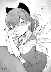 Rule 34 | 1girl, blush, bow, cirno, dress, greyscale, hair bow, hands on own cheeks, hands on own face, heart, ice, ice wings, looking at viewer, monochrome, short hair, short sleeves, signature, sitting, smile, solo, toriburi, touhou, wings