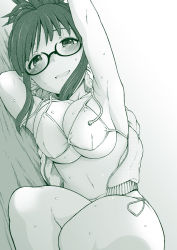 Rule 34 | 1girl, 3e, akizuki ritsuko, armpits, arms up, bed, blush, bra, breasts, cleavage, folded ponytail, glasses, green theme, hair bun, idolmaster, idolmaster (classic), large breasts, legs, looking at viewer, lying, monochrome, navel, open mouth, single hair bun, smile, solo, sweat, sweater, underwear