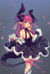 Rule 34 | 1girl, aqua eyes, bad id, bad twitter id, breasts, commentary, corset, curled horns, curtsey, dragon girl, dragon horns, dragon tail, elizabeth bathory (fate), elizabeth bathory (fate/extra ccc), elizabeth bathory (first ascension) (fate), english commentary, fate/extra, fate/extra ccc, fate/grand order, fate (series), forked tail, horns, legs together, long hair, optionaltypo, pink hair, pointy ears, small breasts, solo, standing, tail, two side up
