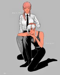 Rule 34 | 2girls, bare shoulders, black eyes, black footwear, black necktie, black pants, black shirt, breasts, brown hair, business suit, chainsaw man, closed eyes, collared shirt, couple, expressionless, eyepatch, formal, headpat, high-waist pants, highres, light smile, long hair, lying on lap, makima (chainsaw man), medium breasts, multiple girls, necktie, office lady, pants, quanxi (chainsaw man), shirt, shirt tucked in, silver hair, smile, suit, tank top, white shirt, yuri