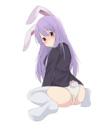 Rule 34 | 1girl, :/, animal ears, arched back, ass, bad id, bad pixiv id, between legs, black jacket, blazer, blush, breasts, brown eyes, closed mouth, collared shirt, commentary request, hair between eyes, hand between legs, head tilt, jacket, korean commentary, large breasts, light purple hair, long hair, looking at viewer, no pants, panties, rabbit ears, rabbit girl, rabbit tail, reisen udongein inaba, seiza, shirt, simple background, sitting, solo, tail, tareme, thighhighs, touhou, underwear, wariza, white background, white panties, white shirt, white thighhighs, ziro (zirorong)