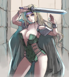 Rule 34 | 1990s (style), 1girl, adapted costume, armor, armpits, bad id, bad pixiv id, bare shoulders, blonde hair, blue eyes, bracelet, bracer, breast clinging, breasts, brick wall, cape, celes chere, center opening, choker, cleavage, contrapposto, cowboy shot, cross-laced clothes, final fantasy, final fantasy vi, gem, green panties, hands up, head tilt, headband, holding, holding sword, holding weapon, jewelry, large breasts, legs apart, leotard, long hair, looking at viewer, miso katsu, no bra, panties, pauldrons, serious, shadow, shoulder armor, sideboob, sidelocks, solo, standing, strapless, strapless leotard, string panties, sword, thighs, underwear, weapon
