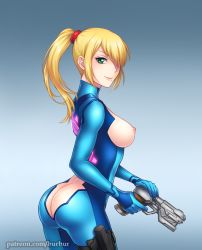 Rule 34 | 1girl, adapted costume, artist name, ass, blonde hair, bodysuit, breasts, burbur, butt crack, green eyes, gun, hair over one eye, huge ass, impossible clothes, latex, looking at viewer, looking back, metroid, mole, mole under mouth, nintendo, nipples, patreon, ponytail, samus aran, shiny clothes, sideboob, simple background, skin tight, smile, solo, spandex, watermark, weapon, web address, zero suit