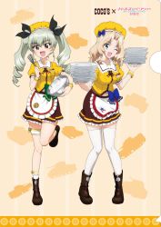 Rule 34 | 10s, 2girls, :d, ;d, absurdres, anchovy (girls und panzer), anzio (emblem), apron, beret, black footwear, black ribbon, blonde hair, blouse, blue bow, blue eyes, bobby socks, boots, bow, bow legwear, bowl, bridal garter, brown neckwear, brown skirt, carro armato p40, character name, coco&#039;s, commentary request, copyright name, drill hair, emblem, frilled apron, frilled legwear, frilled skirt, frilled sleeves, frills, girls und panzer, girls und panzer saishuushou, green bow, green hair, hair intakes, hair ribbon, hat, hat bow, highres, holding, kay (girls und panzer), leg up, long hair, looking at viewer, m4 sherman, midriff, military, military vehicle, miniskirt, motor vehicle, multiple girls, name tag, navel, neck ribbon, object request, official art, one eye closed, open mouth, orange background, plate, puffy short sleeves, puffy sleeves, red eyes, ribbon, saunders (emblem), shirt, short sleeves, silhouette, skirt, smile, socks, standing, standing on one leg, striped clothes, striped skirt, tank, thighhighs, twin drills, twintails, waist apron, waitress, whisk, white legwear, wrist cuffs, yellow hat, yellow shirt, zettai ryouiki, zipper, zipper pull tab